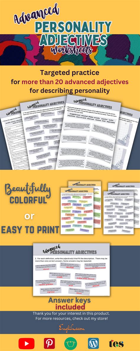 Advanced Personality Adjectives Worksheets Esl Vocabulary Teaching Resources