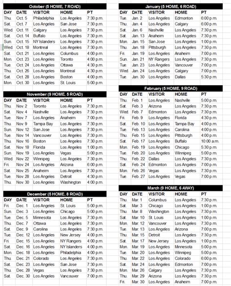 Kings Printable Schedule