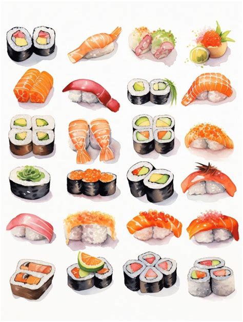 An Illustration Of Sushi And Other Food Items On A White Background