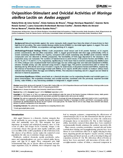 Pdf Oviposition Stimulant And Ovicidal Activities Of Moringa Oleifera