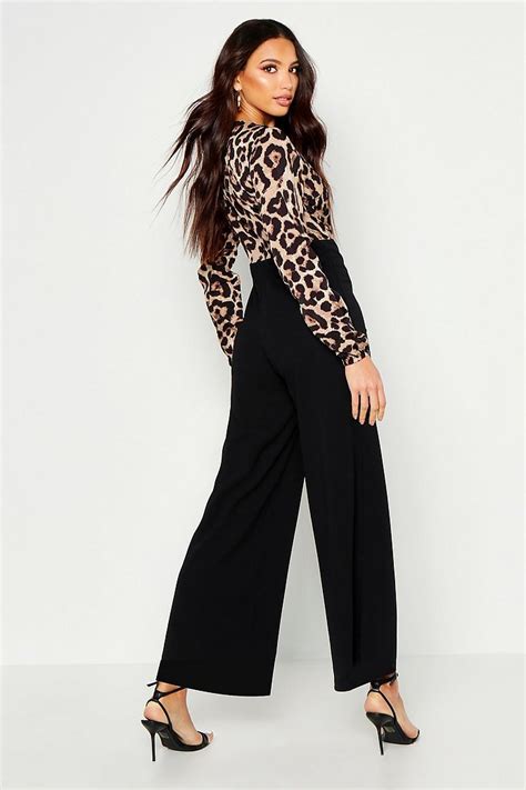 Wrap Front Leopard Print Wide Leg Jumpsuit Boohoo Night Outfits Date Night Outfit Black