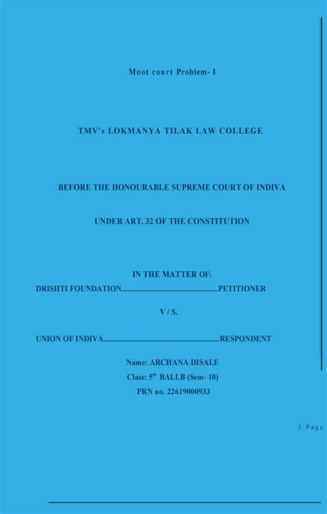 Sample Memorial For Petitioner Moot Court Problem I TMV S LOKMANYA