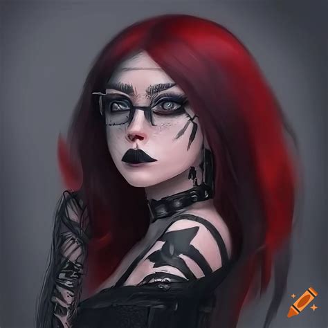 Portrait Of A Goth Girl With Green Eyes Long Red Black Hair Dark