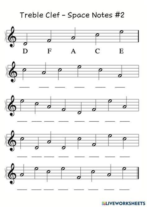 Treble Clef Space Notes 2 Live Worksheets