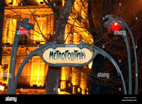 Metropolitan Underground Entrance By Night Place St Michel Paris