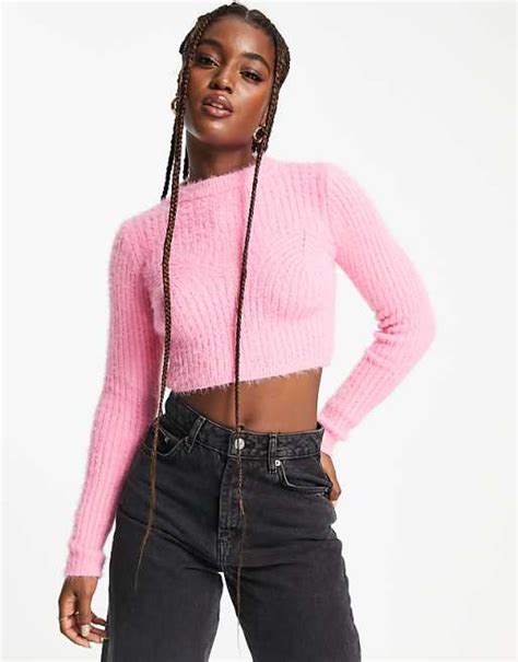 Bershka Crew Neck Cropped Fluffy Jumper In Pink Asos