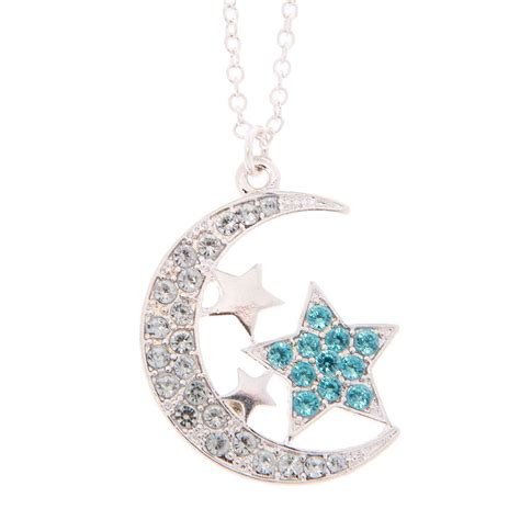 Silver Crystal Accent Crescent Moon And Stars Pendant Necklace Claire