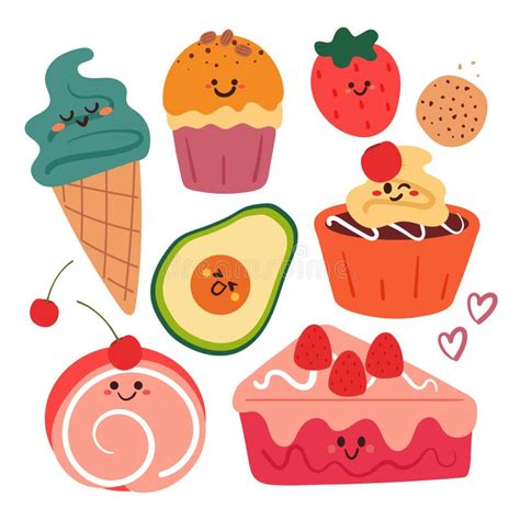 Hand Drawing Cartoon Set Of Cute Dessert Sticker Set Stock Vector