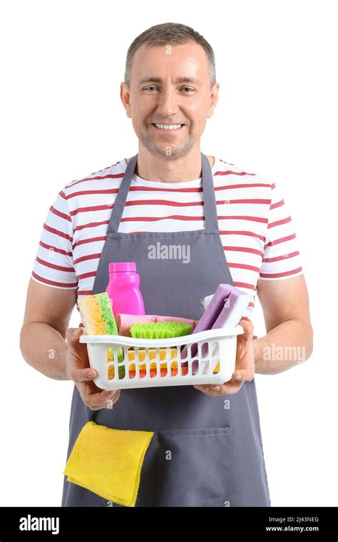 Mature Worker Of Cleaning Service With Supplies On White Background