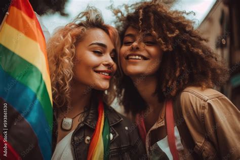 Gay Women Lesbian Couple With Lgbt Rainbow Flag Lgbt Pride Month Celebration Generative Ai