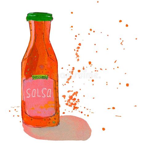 Salsa Sauce Bottle With Splashes And Hand Drawn Letters Stock Vector