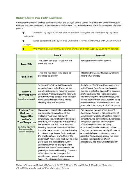 History Lessons From Poetry Assess Rubric History Lessons From