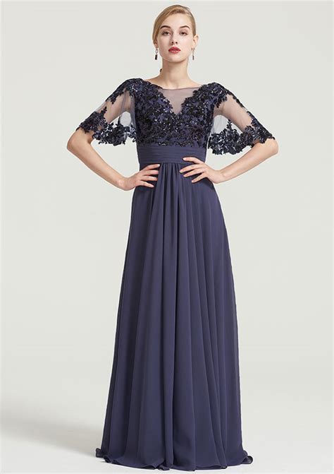 Bateau Short Sleeve Long Floor Length Chiffon A Line Princess Dress