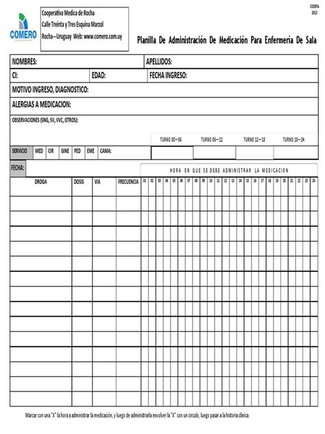 Planilla De Administración De Medicación Para Enfermería De Sala