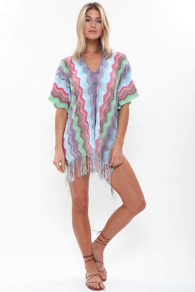 Goddis Summer Knit Poncho V Neck Sheer Stripe Detail Loose Boho Beach