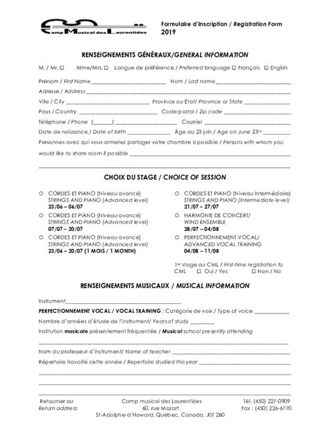 Fillable Online Formulaire Dinscription Registration Form 2018