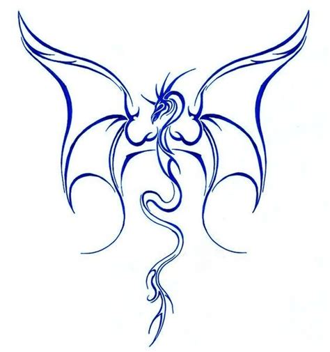 Blue Ink Outline Dragon With Huge Open Wings Tattoo Design