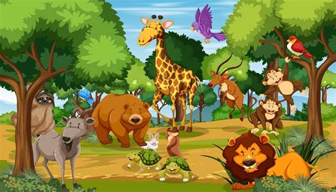 Many different animals in the forest scene 1988559 Vector Art at Vecteezy