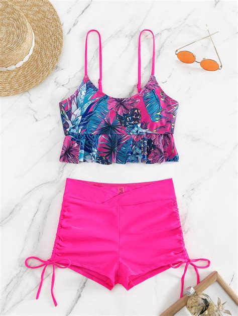 Shein Swim Lushore Traje De Ba O Tankini Con Tirantes Y Lazo Ajustable