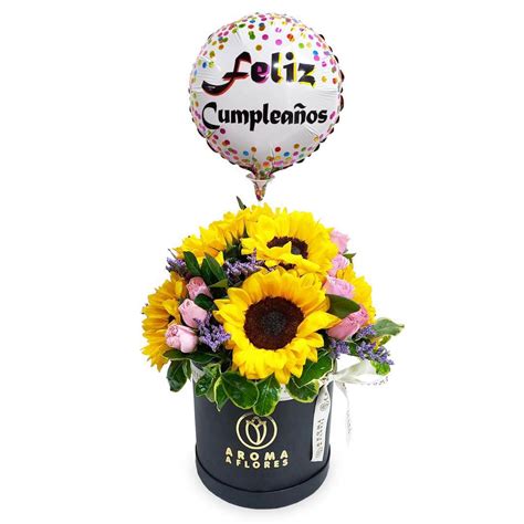 Box Girasoles Mini Rosas Y Globo Aroma A Flores