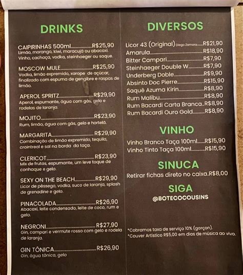 Menu at Boteco Cousins pub bar Florianópolis