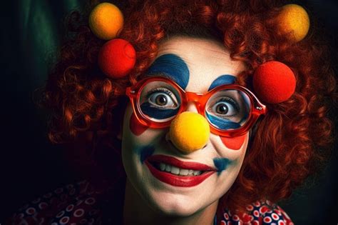 Retrato Peculiar De Una Mujer Disfrazada De Payaso Con Nariz Roja Y