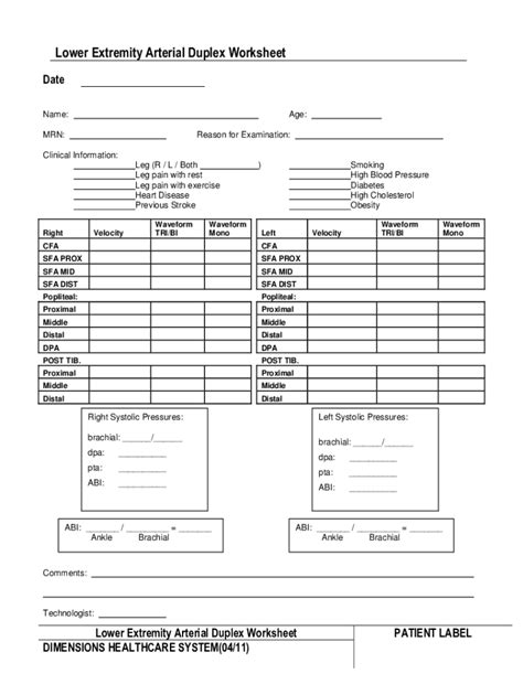 Fillable Online Lower Extremity Arterial Duplex Worksheet Fax Email Print