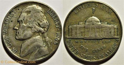 1945 Five Cents Phildelphia Jefferson Wartime Nickel 1st