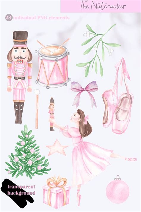 Nutcracker Watercolor Clipart Pink Christmas Clipart Ballerina