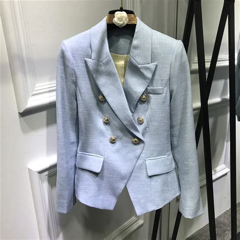 New 2017 Spring Summer Fashion Women Double Breasted Gold Color Buttons Blazer Jacquard Slim