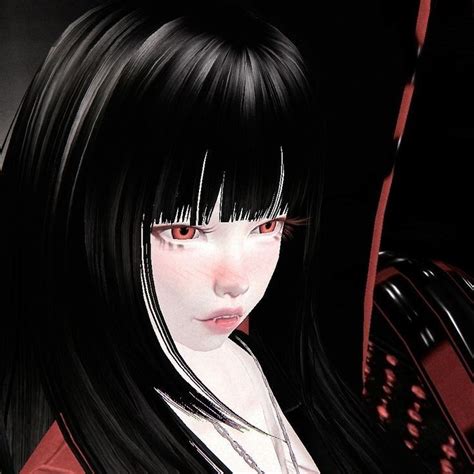 A Woman With Long Black Hair And Red Eyes