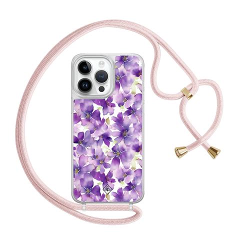 IPhone 13 Pro Max Hoesje Met Rosegoud Koord Floral Violet Casimoda Nl