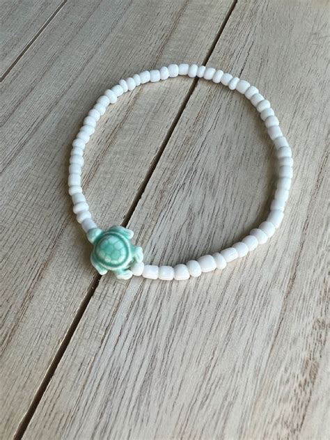 Turquoise Turtle White Seed Bead Stretch Anklet Bracelets Handmade