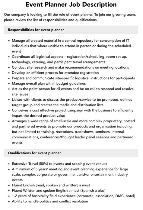 Event Planner Job Description Velvet Jobs