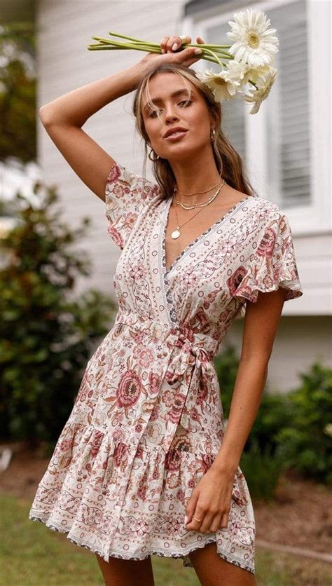 Pink Boho Floral Print Mini Dress Boho Mini Dress Beach Mini Dress