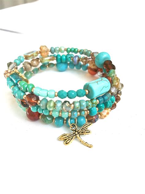 Boho Memory Wire Bracelet Beaded Handmade Memory Wire Turquoise Cuff Bracelet Wrap Wire