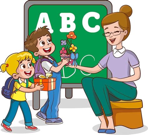 Premium Vector Kids Student Giving Bouquet Of Flowers To Her Teacher