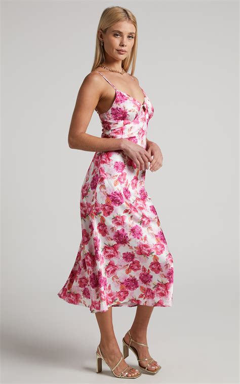 Lillith Midi Dress V Neck Satin Slip Dress In Pink And White Floral