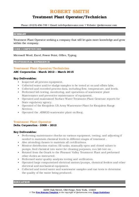 Treatment Plant Operator Resume Samples QwikResume