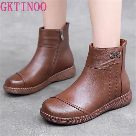 Gktinoo Genuine Leather Women Boots Winter Natural Wool Fur