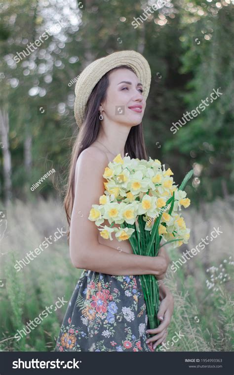 Topless Brunette Woman Straw Hat Covering Stock Photo Shutterstock