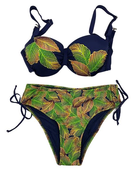 Kadın Lacivert Yaprak Desenli Taş İşlemeli Astarlı Bikini Takım HZL S LC