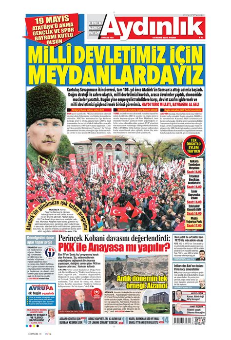 Aydınlık Gazetesi 19 Mayıs 2024 Pazar Günü Manşeti