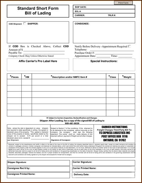 Free Blank Straight Bill Of Lading Short Form Form Resume Examples