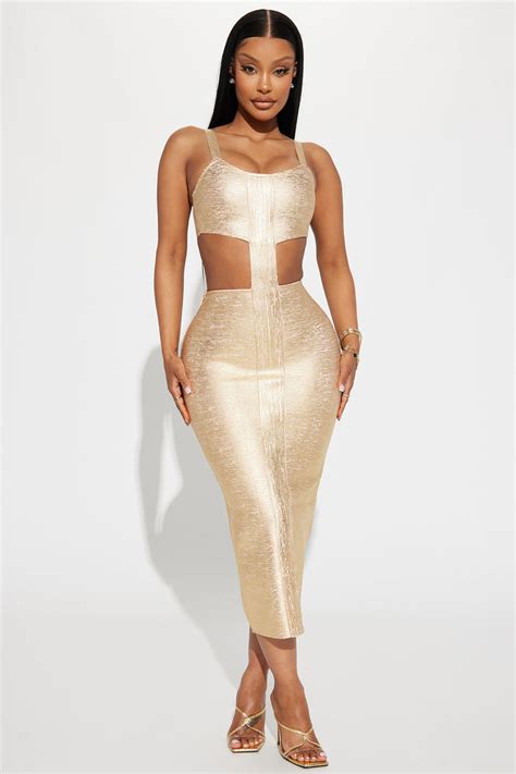 Athena Bandage Midi Dress Gold Fashion Nova Dresses Fashion Nova