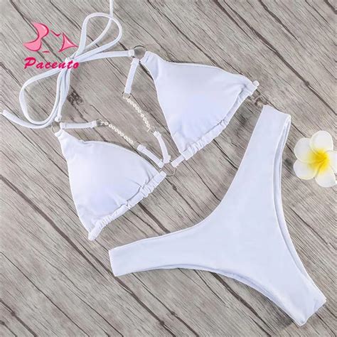 Pacento Bikinis Set Solid Swimwear Women White Bra Hollow Swimwear