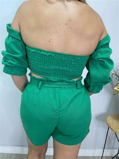 Conjunto Viscolinho Cropped Ciganinha Manga Bufante Lastex E Short