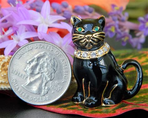 Vintage Monet Black Cat Brooch Pin Enamel Rhinestones Collar Figural