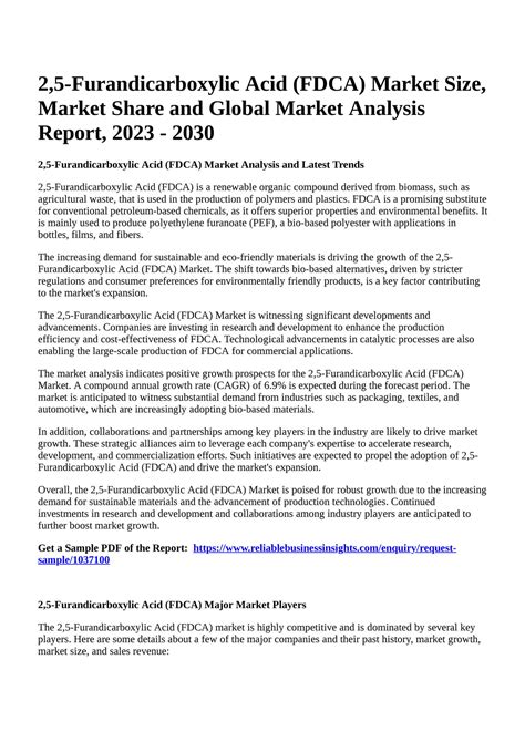 Reportprime 2 5 Furandicarboxylic Acid FDCA Market Size Market