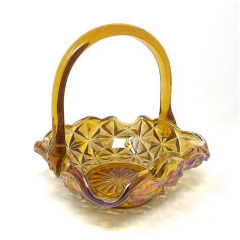 Accents Vintage Amber Carnival Glass Basket Handle Rippled Rim Monticello Pattern Pretty